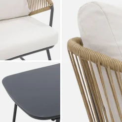 Salon de jardin métal et résine naturelle. effet corde. coussins beiges. 4 places