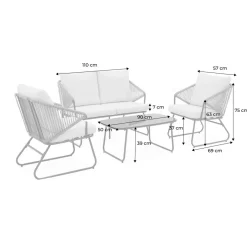 Salon de jardin métal et résine naturelle. effet corde. coussins beiges. 4 places