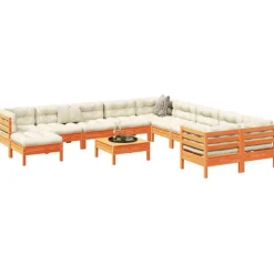 Salon de jardin 12pcs avec coussins cire marron bois pin massif
