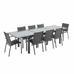 Salon de jardin table extensible - Philadelphie Gris anthracite - Table en aluminium 200/300cm. plateau de verre. rallonge et 8 fauteuils en textilène