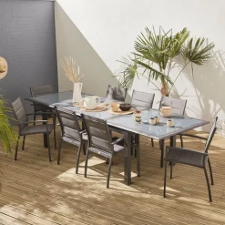Salon de jardin table extensible - Philadelphie Gris anthracite - Table en aluminium 200/300cm. plateau de verre. rallonge et 8 fauteuils en textilène