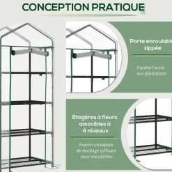 Serre de jardin balcon étagère serre 4 niveaux 0,7L x 0,5l x 1,6H m acier époxy bâche amovible PVC haute densité transparente
