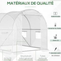 Serre de jardin tunnel 6 m² 3L x 2l x 1,9H m acier galvanisé renforcé diamètre 2,4 cm + PE haute densité fenêtres porte blanc