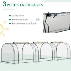 Serre de jardin tunnel 3,5L x 1l x 0,8H m 3 portes zippées bâche PVC transparent métal époxy vert