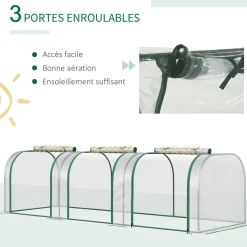 Serre de jardin tunnel 2,95L x 1l x 0,8H m 3 portes zippées bâche PVC transparent métal époxy vert