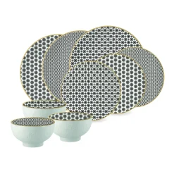 Service d'assiettes 18 pièces en porcelaine filet or et motifs KYOTO