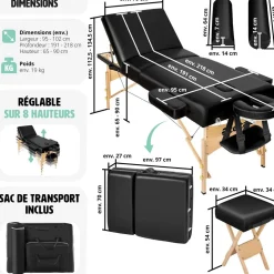 Set de table de massage 3 zones avec rembourrage de 10cm et châssis en bois