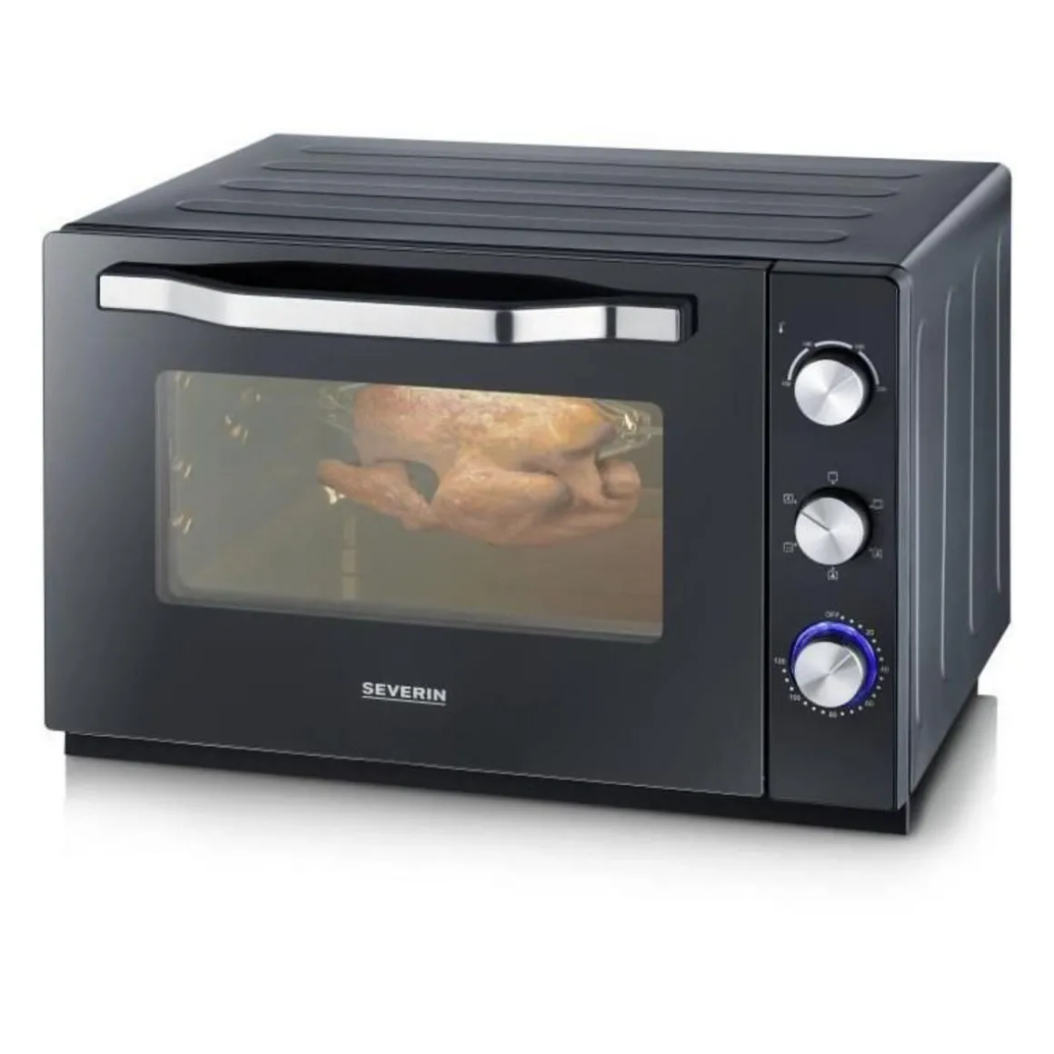 SEVERIN TO 2073 Four posable XXL a Chaleur Tournante 60 L avec pierre a pizza et tournebroche, 2 200 W, Minuteur 120 min, Noir/I