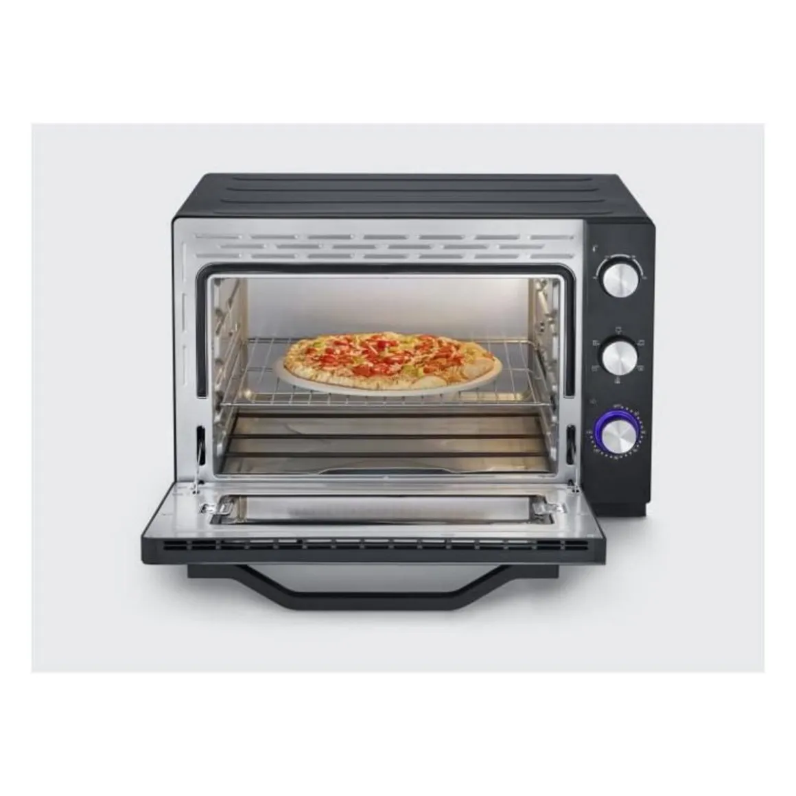 SEVERIN TO 2073 Four posable XXL a Chaleur Tournante 60 L avec pierre a pizza et tournebroche, 2 200 W, Minuteur 120 min, Noir/I