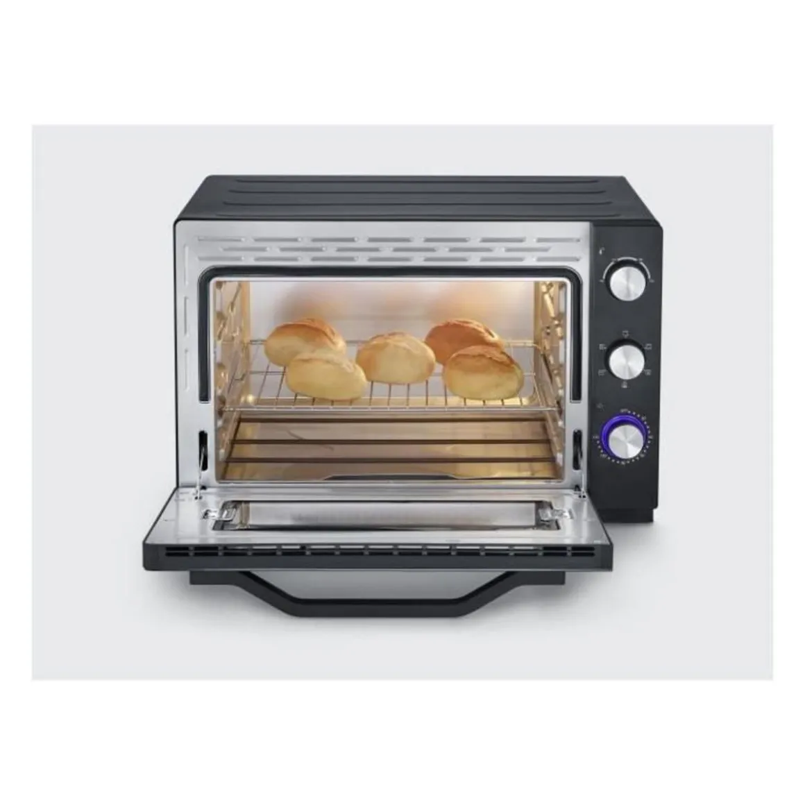 SEVERIN TO 2073 Four posable XXL a Chaleur Tournante 60 L avec pierre a pizza et tournebroche, 2 200 W, Minuteur 120 min, Noir/I