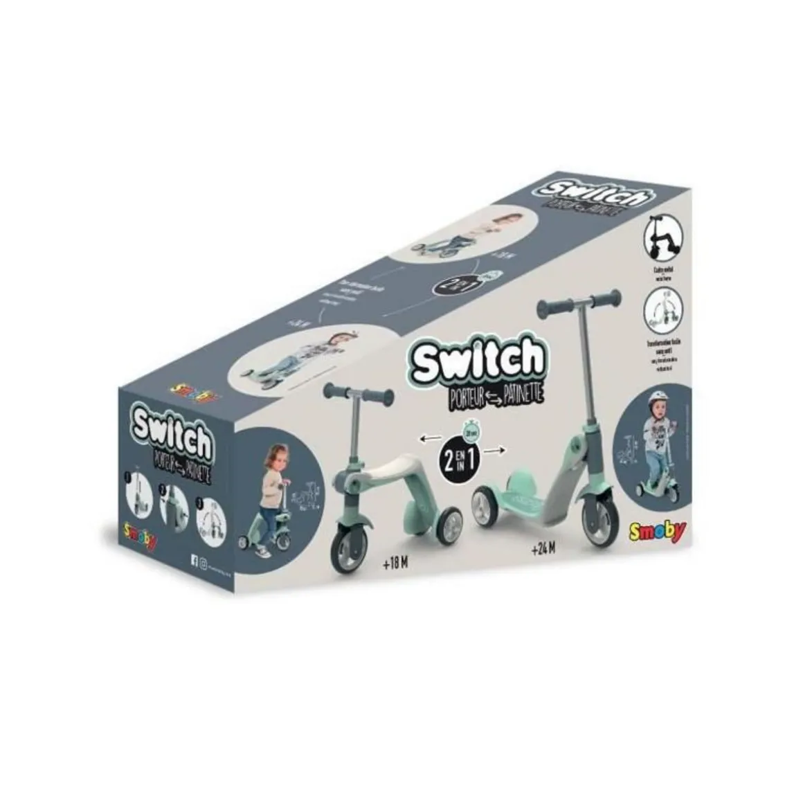 SMOBY - Patinette reversible 2 en 1 - Draisienne transformable en patinette - 3 roues