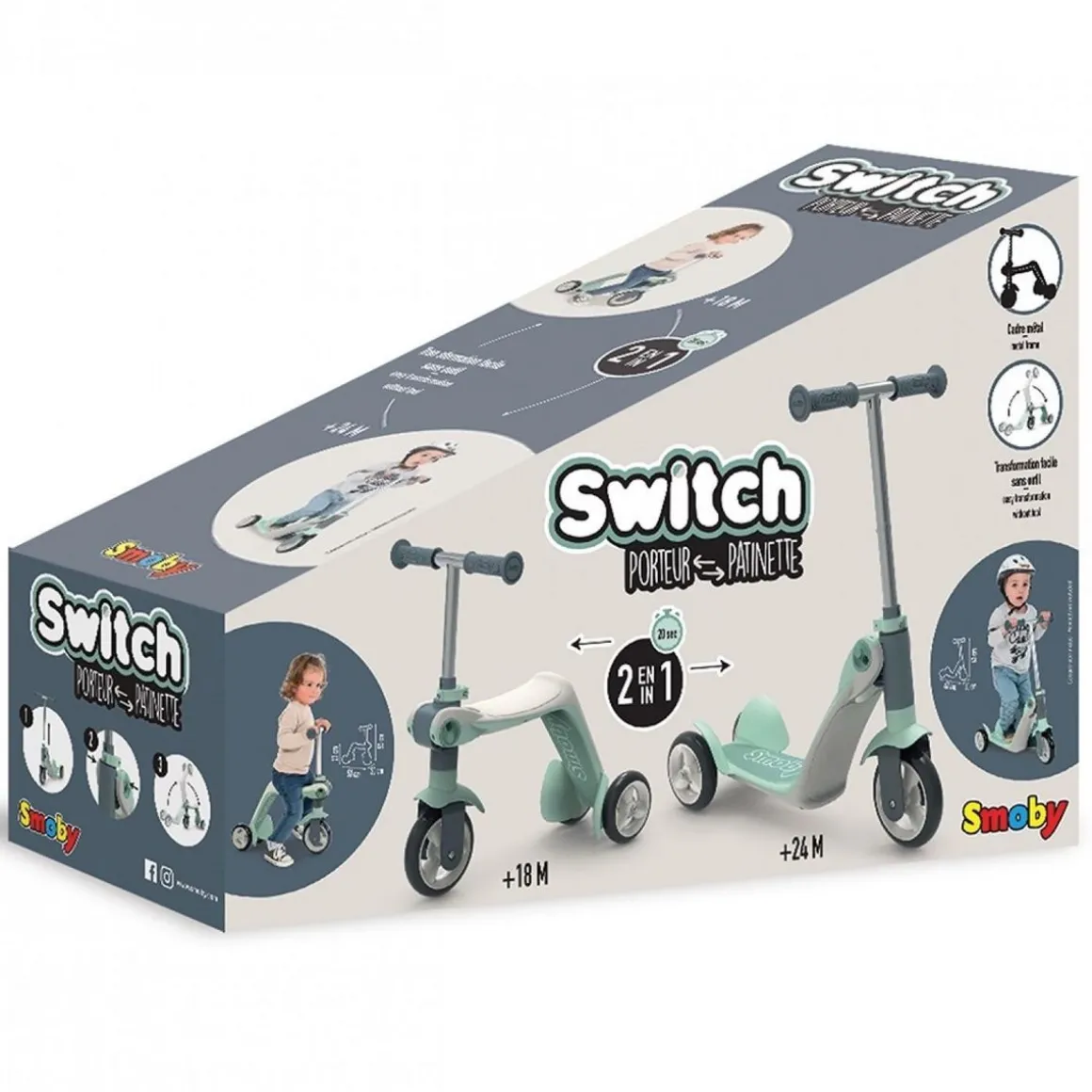 SMOBY - Patinette reversible 2 en 1 - Draisienne transformable en patinette - 3 roues