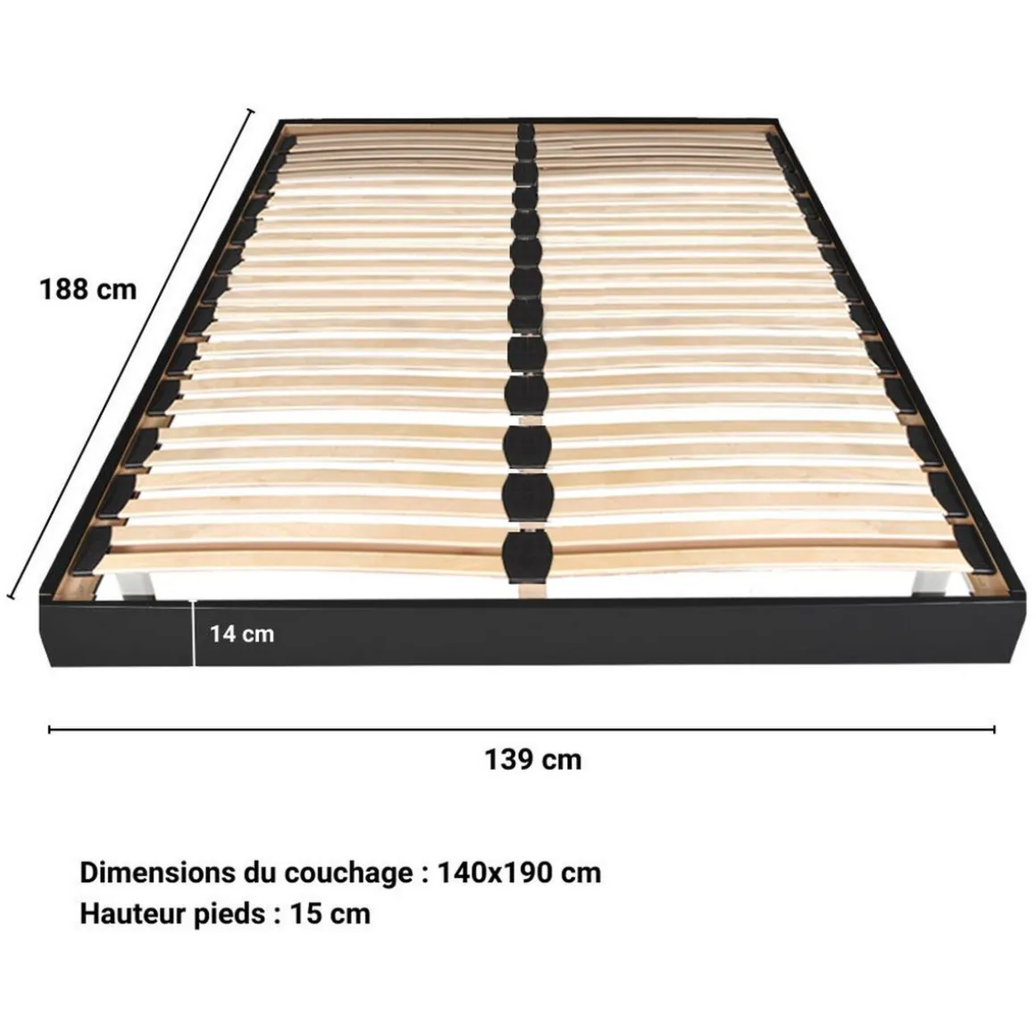 Sommier cadre à lattes sur pieds 140x190 cm 2x24 lattes ASCQ