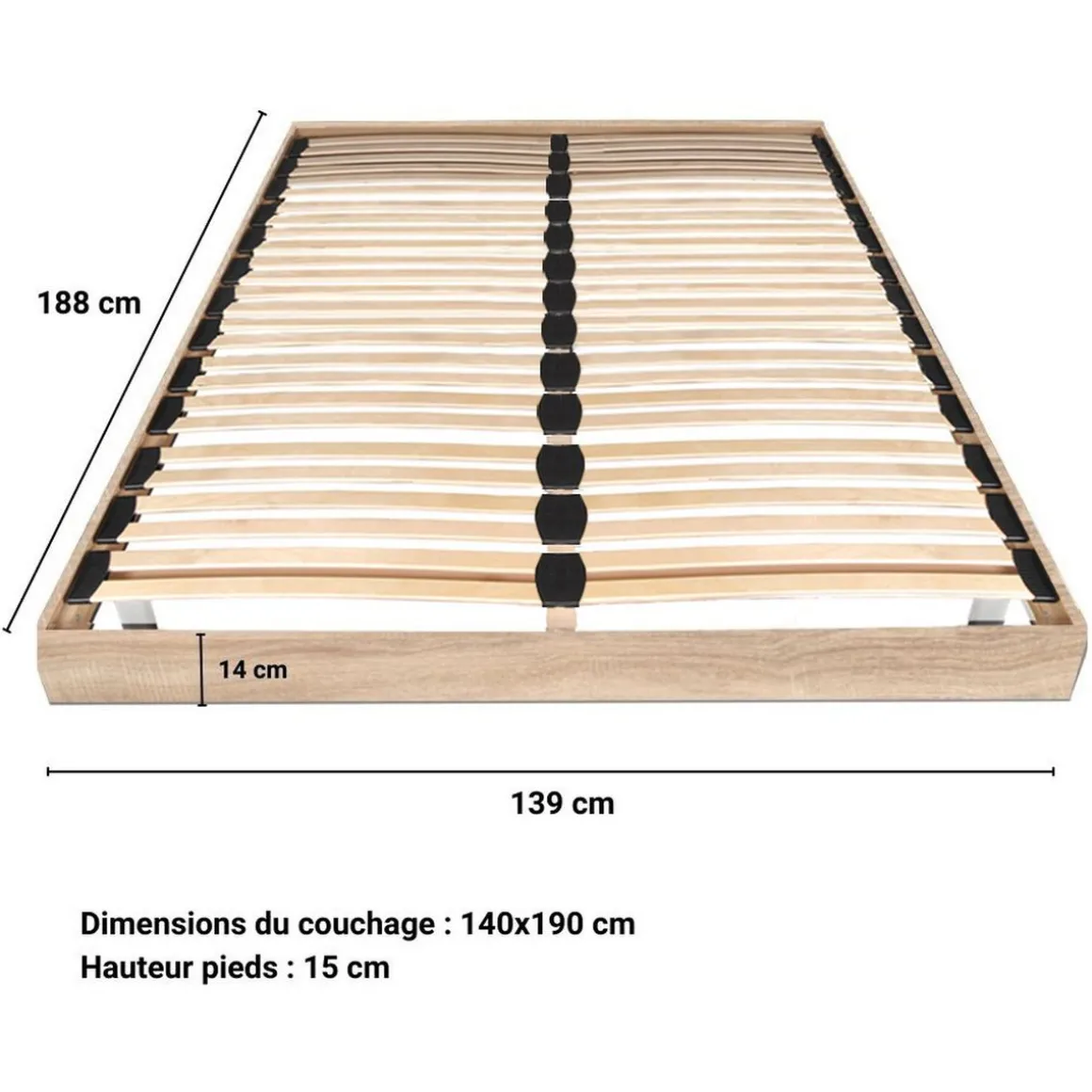 Sommier cadre à lattes sur pieds 140x190 cm 2x24 lattes ASCQ