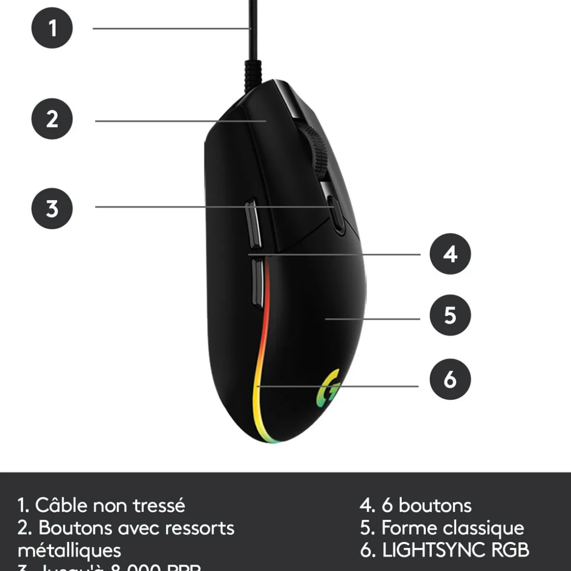 Souris Gaming G203 LIGHTSYNC Filaire RVB