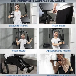 Station de musculation - entrainement complet - développé couché, butterfly, barre latissimus, curler, bande résistance - 9 contrepoids - acier noir