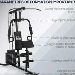 Station de musculation - entrainement complet - développé couché, butterfly, barre latissimus, curler, bande résistance - 9 contrepoids - acier noir