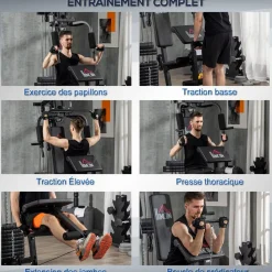 Station de musculation - entrainement complet - développé couché, butterfly, barre latissimus, curler, bande résistance - 11 contrepoids - acier noir