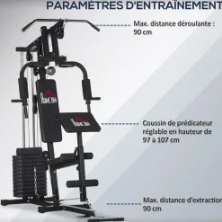 Station de musculation - entrainement complet - développé couché, butterfly, barre latissimus, curler, bande résistance - 11 contrepoids - acier noir