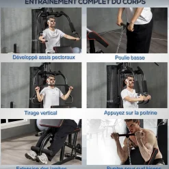 Station de musculation - entrainement complet - développé couché, butterfly, barre latissimus, curler, bande résistance, 10 contrepoids - acier noir rouge