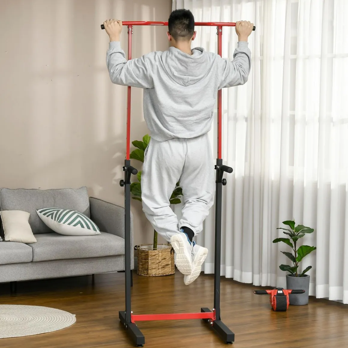 Station de musculation multifonction - barre de traction chaise romaine - hauteur réglable 6 niv. - acier noir rouge