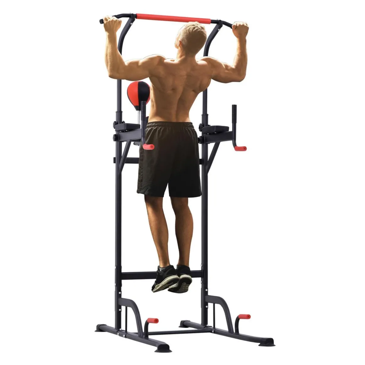 Station de traction musculation multifonctions punching ball chaise romaine hauteur réglable acier noir rouge