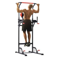 Station de traction musculation multifonctions punching ball chaise romaine hauteur réglable acier noir rouge