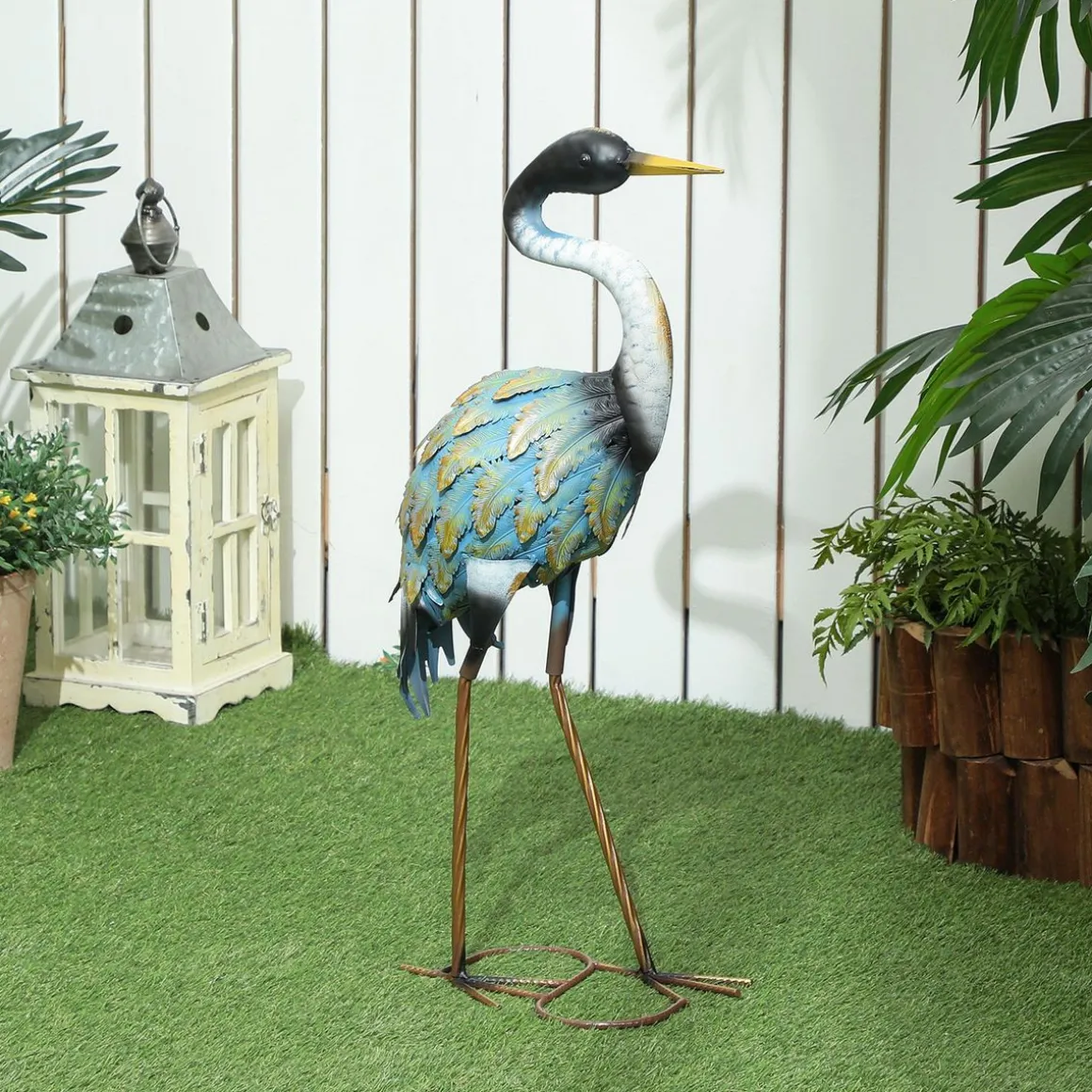 Statue de jardin héron H. 63 cm - décoration de jardin - métal bleu doré