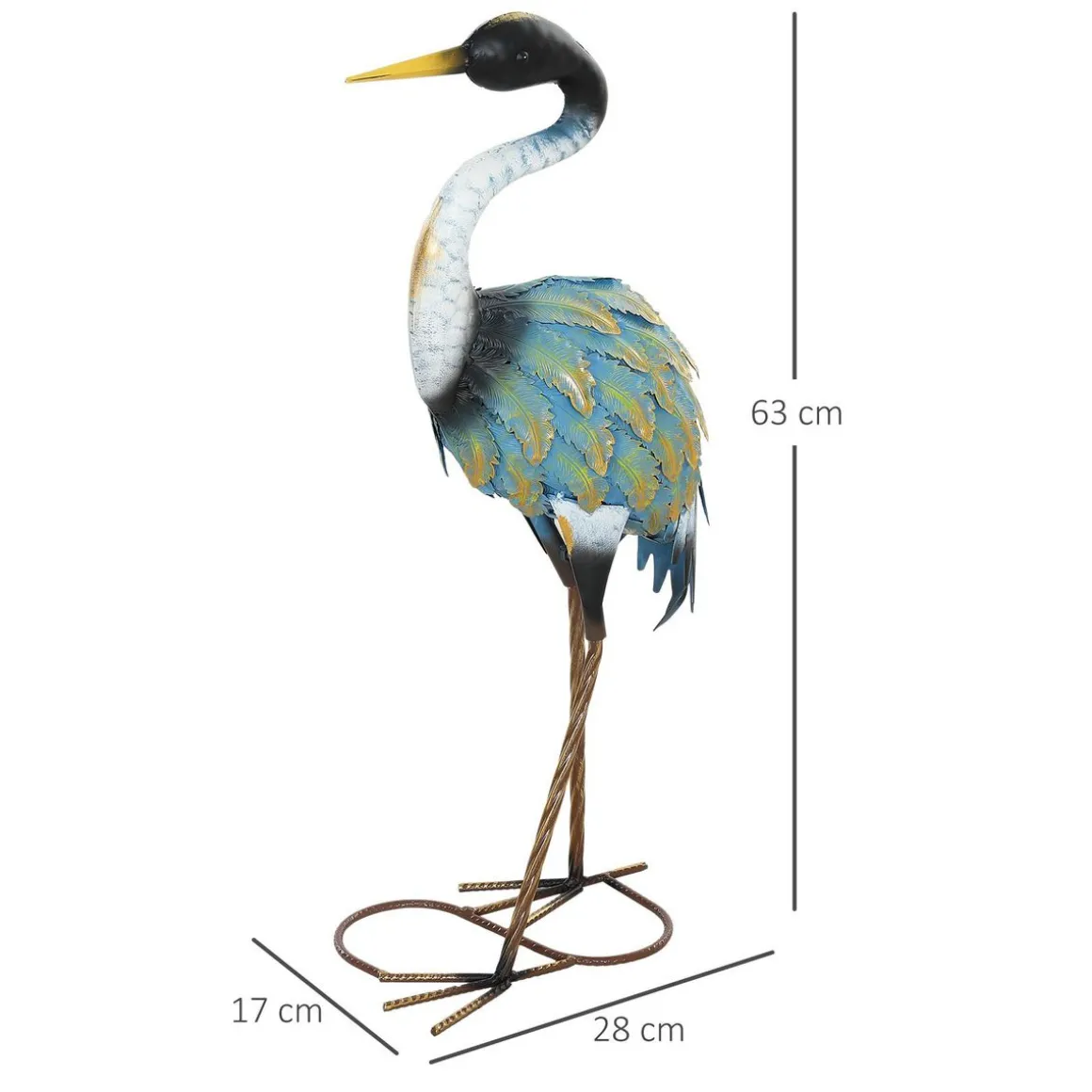 Statue de jardin héron H. 63 cm - décoration de jardin - métal bleu doré