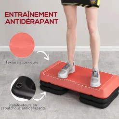 Stepper aérobic fitness hauteur réglable 3 niv. 10/15/20 cm surface antidérapante PE rouge