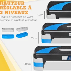 Stepper fitness aerobic - collaboration Aosom.fr x FFHandball - hauteur reglable surface antiderapante - noir bleu