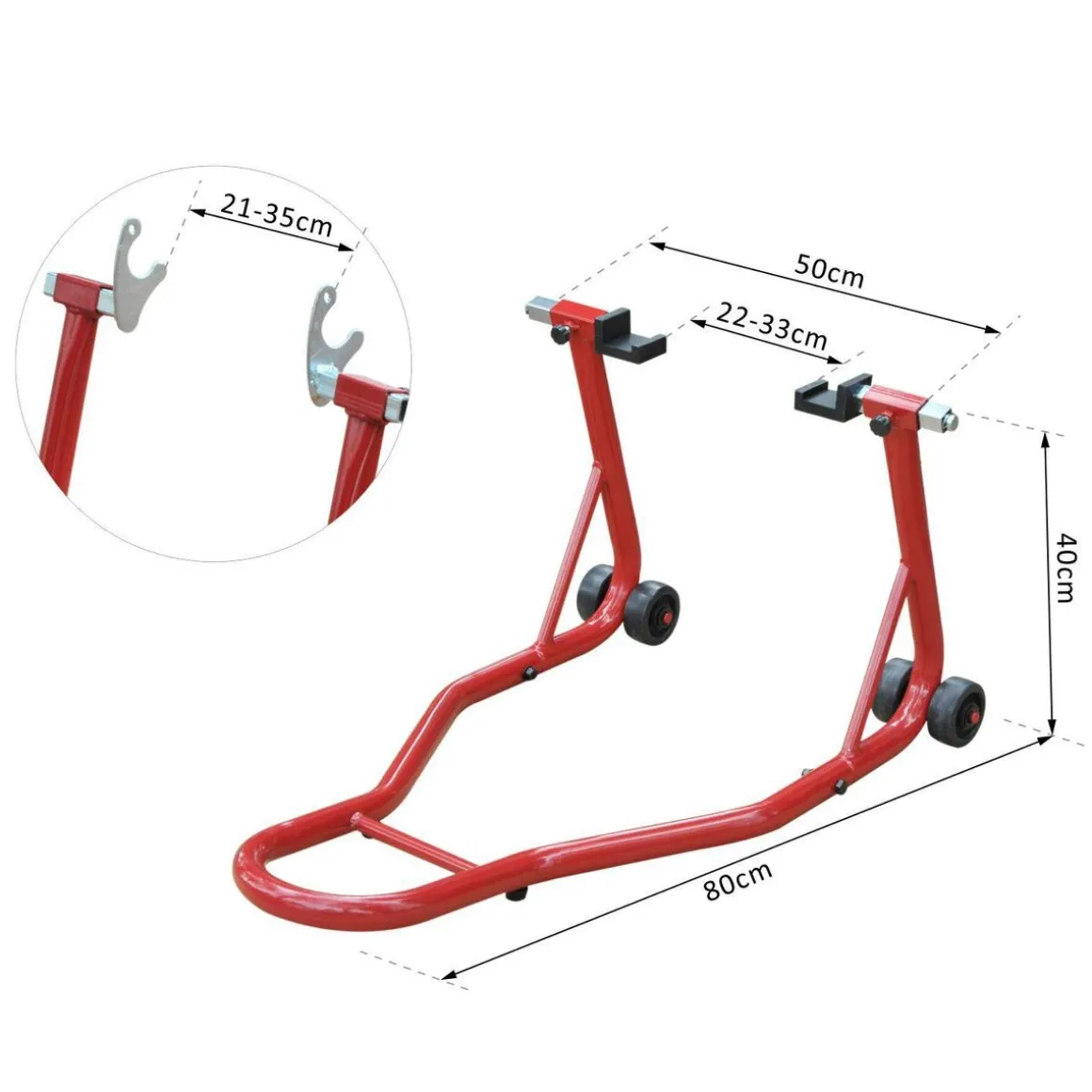 Support béquille de moto arrière lève moto arrière sur roulettes avec adaptateurs caoutchouc rouge et noir