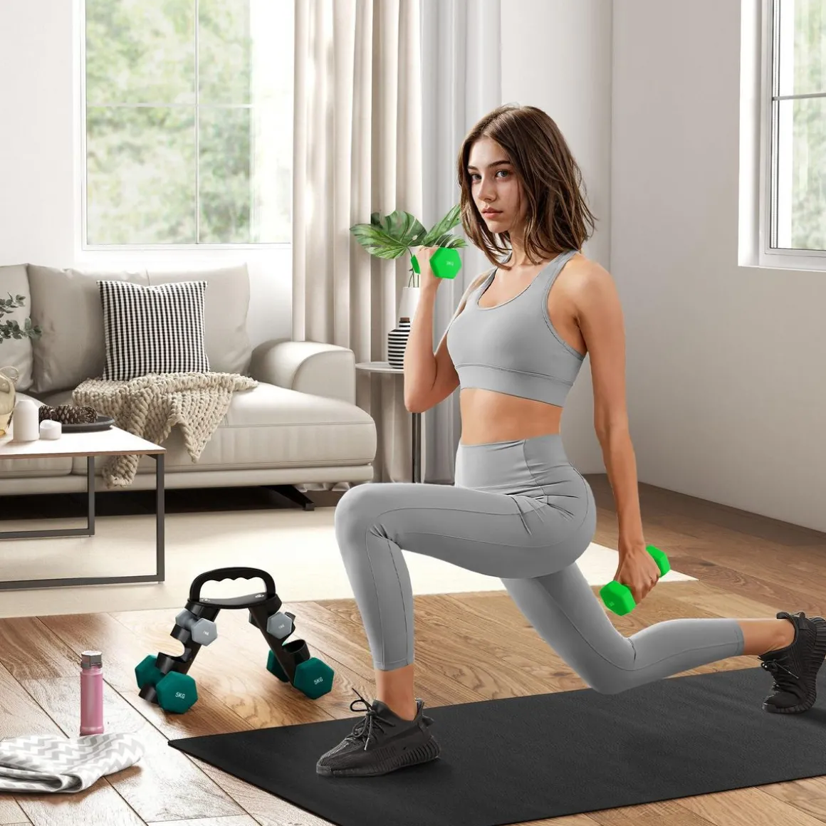 Support noir pour 6 haltères vinyles - 6 haltères incluses total 48 Kg - noir gris vert