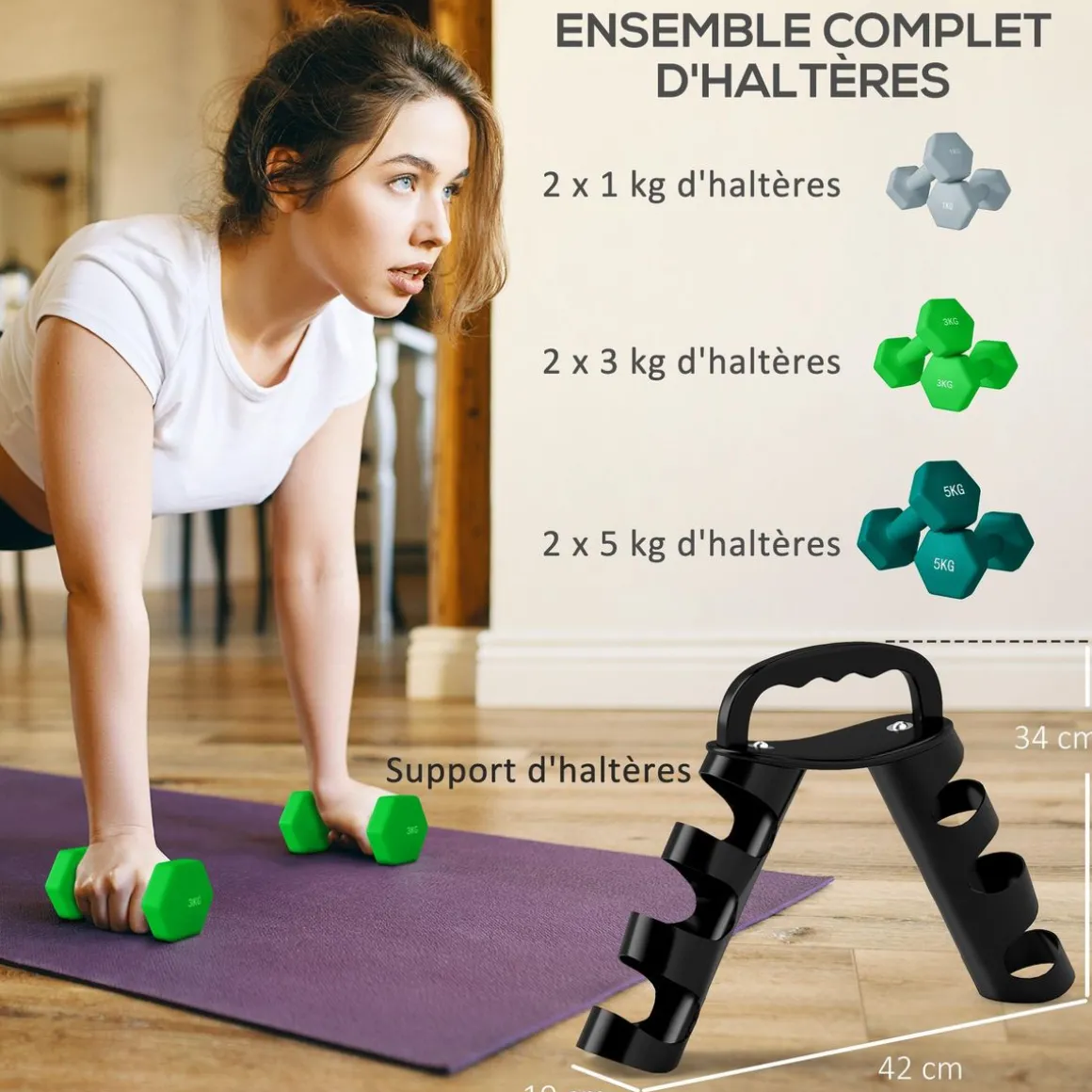 Support noir pour 6 haltères vinyles - 6 haltères incluses total 48 Kg - noir gris vert