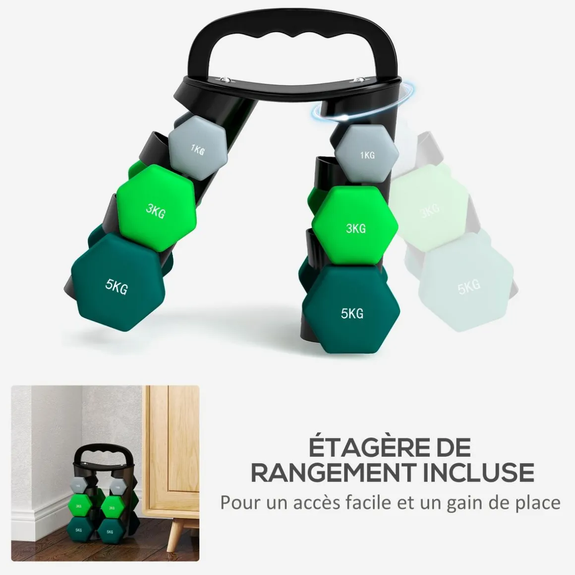 Support noir pour 6 haltères vinyles - 6 haltères incluses total 48 Kg - noir gris vert