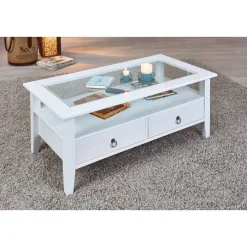 Table basse rectangulaire en bois massif 2 tiroirs plateau verre L115cm CASSIS