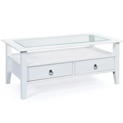 Table basse rectangulaire en bois massif 2 tiroirs plateau verre L115cm CASSIS