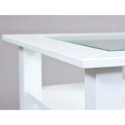 Table basse rectangulaire en bois massif 2 tiroirs plateau verre L115cm CASSIS