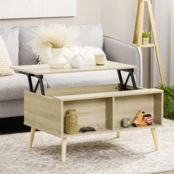 Table basse relevable - 2 niches, coffre de rangement - dim. 85L x 60l x 59,5H cm - aspect bois chêne clair