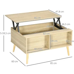 Table basse relevable - 2 niches, coffre de rangement - dim. 85L x 60l x 59,5H cm - aspect bois chêne clair