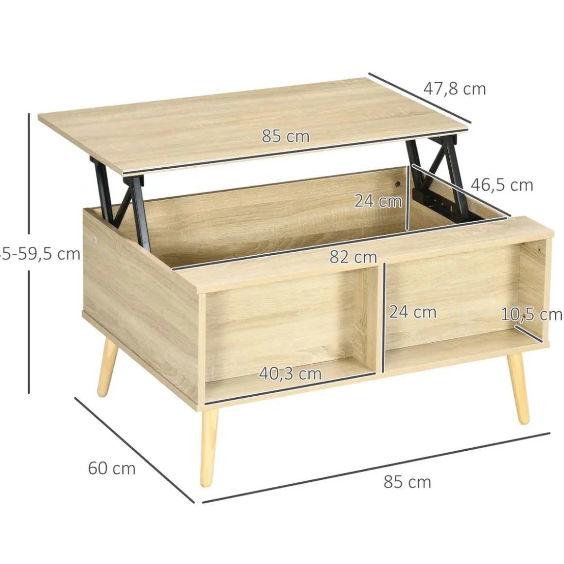 Table basse relevable - 2 niches, coffre de rangement - dim. 85L x 60l x 59,5H cm - aspect bois chêne clair