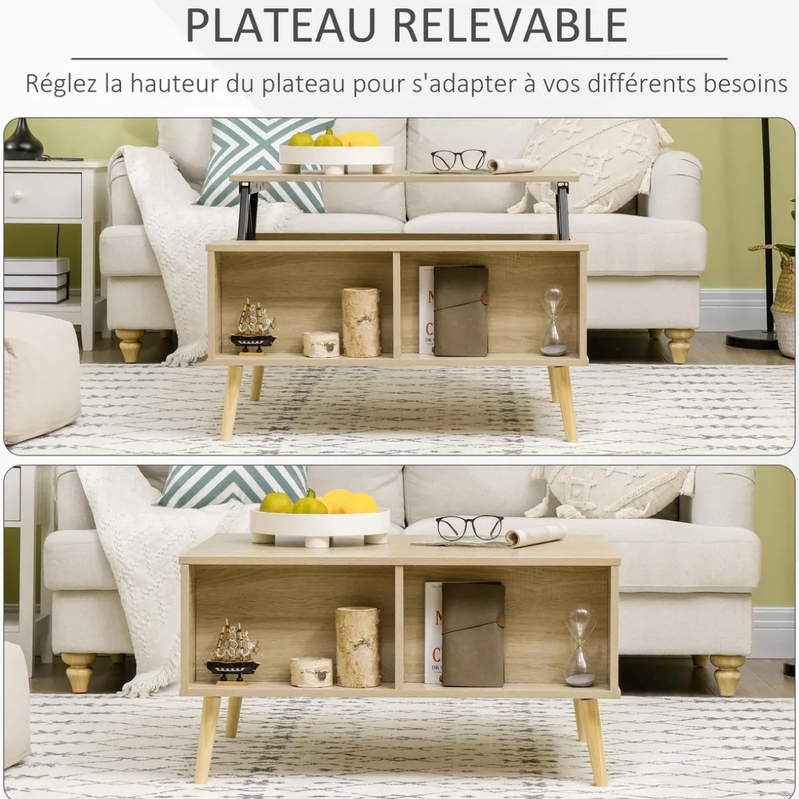 Table basse relevable - 2 niches, coffre de rangement - dim. 85L x 60l x 59,5H cm - aspect bois chêne clair