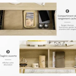 Table basse relevable - 2 niches, coffre de rangement - dim. 85L x 60l x 59,5H cm - aspect bois chêne clair