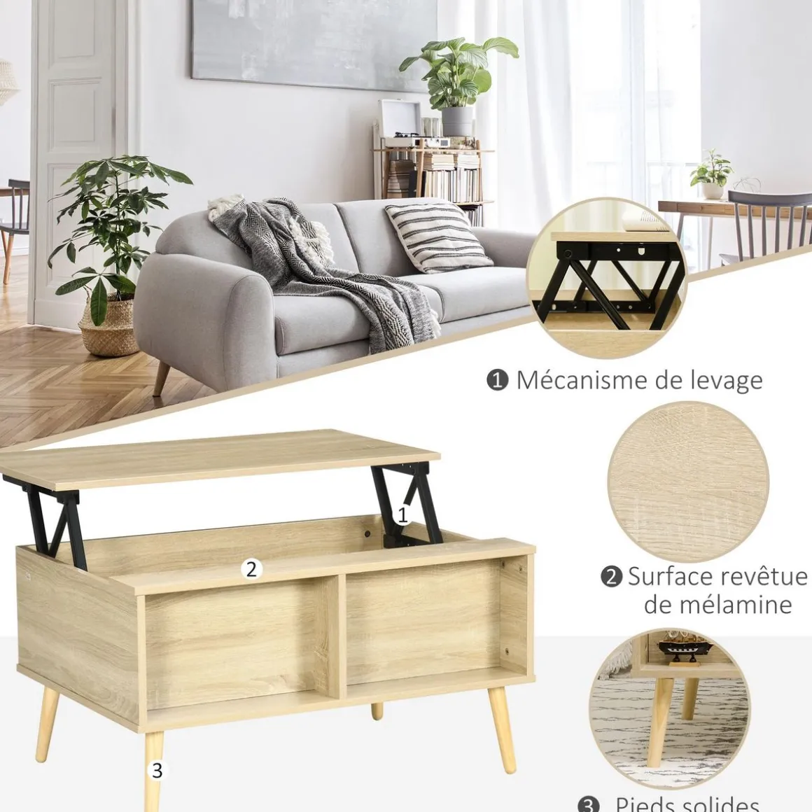 Table basse relevable - 2 niches, coffre de rangement - dim. 85L x 60l x 59,5H cm - aspect bois chêne clair