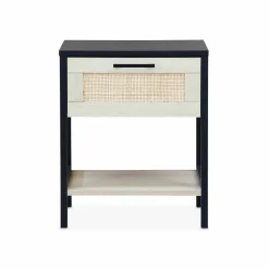 Table de chevet noir et cannage 40 x 40 x 48cm - Bianca - 1 tiroir. 1 étagère