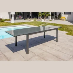 Table de jardin rectangulaire - 10/12 places - Aluminium et plateau en verre - Anthracite - TOLEDE