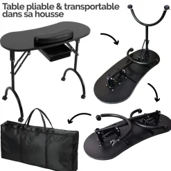 Table de manucure professionnelle pliante avec tiroir, roulettes et housse de transport - Noir
