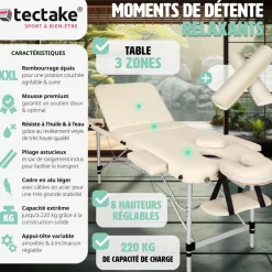 Table de massage 3 zones avec rembourrage de 5cm et châssis en aluminium et rouleaux