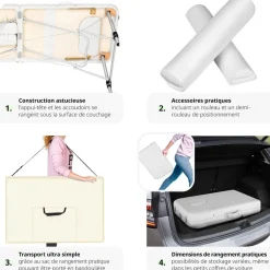 Table de massage 3 zones avec rembourrage de 5cm et châssis en aluminium et rouleaux