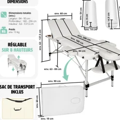 Table de massage 3 zones avec rembourrage de 5cm et châssis en aluminium et rouleaux